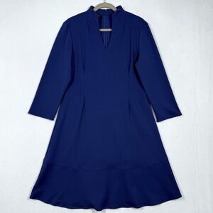 Ming Wang Dress Womens Small Deco Crepe Funnel Neck Midi Blue Minimalist Career